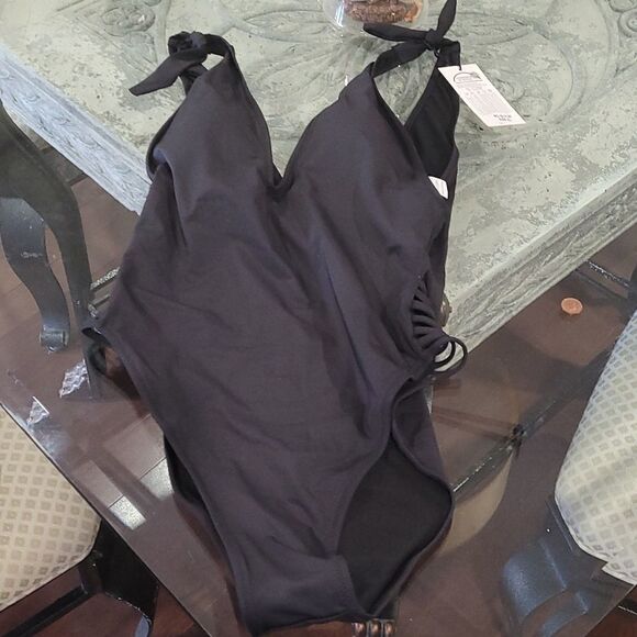 aleefa Monokini Solid One Piece Swimsuit V Cutout  small Black new - Picture 1 of 5